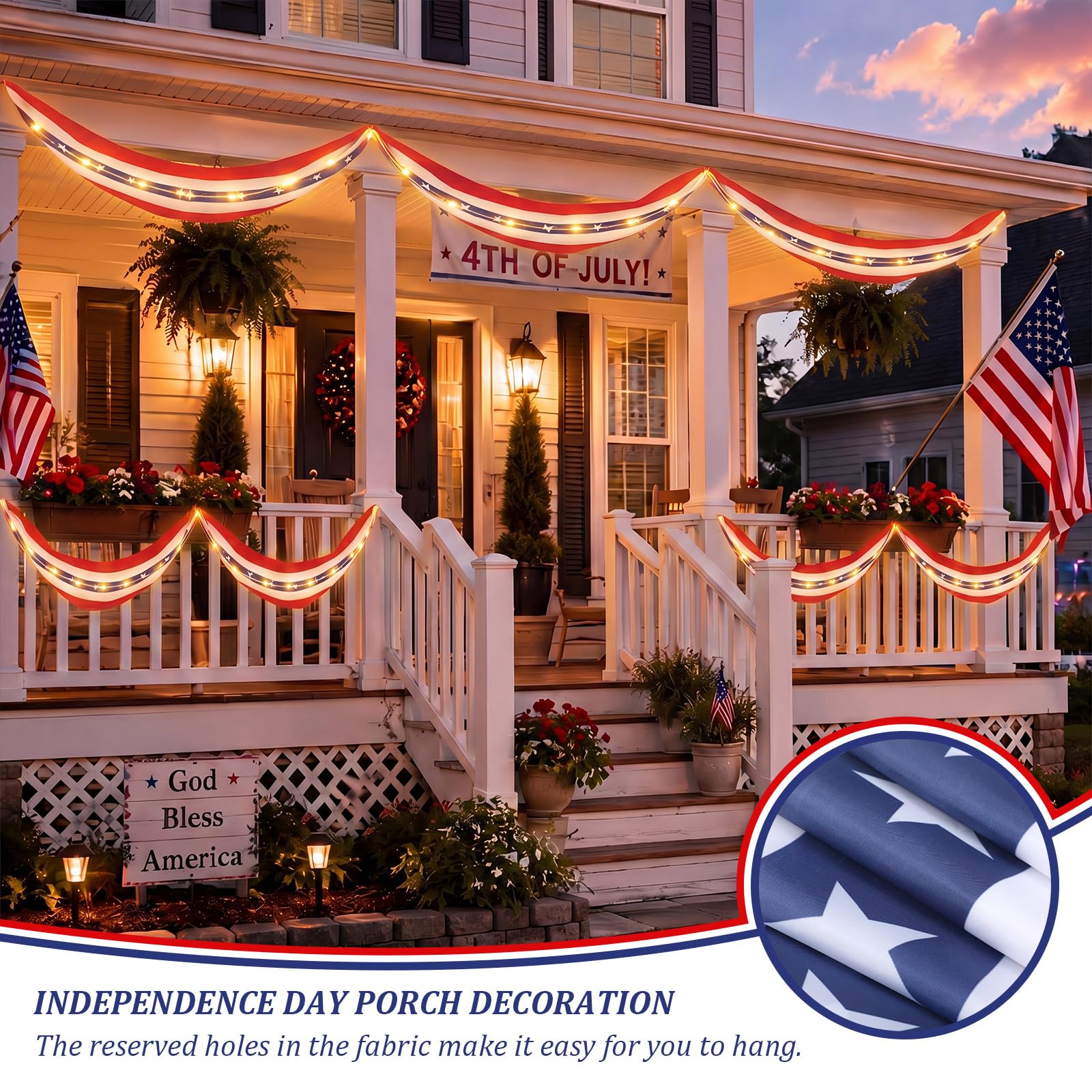Chumia warm LED light string wrapped on banner producing subtle evening glow