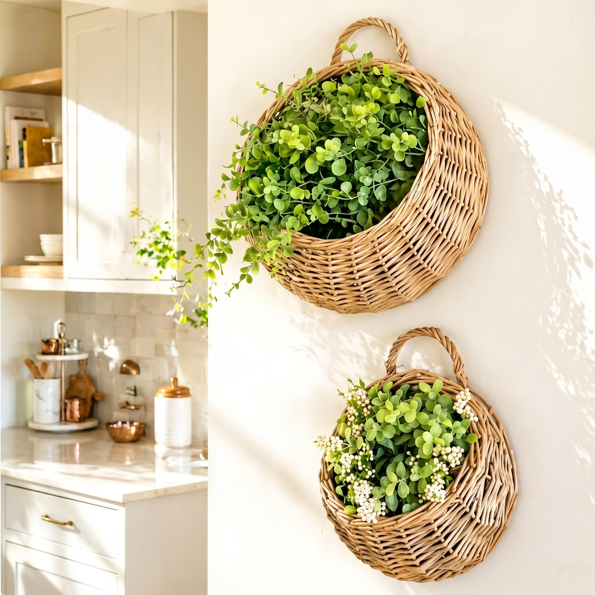 Chumia front view of two wicker hanging baskets showing natural texture and balance