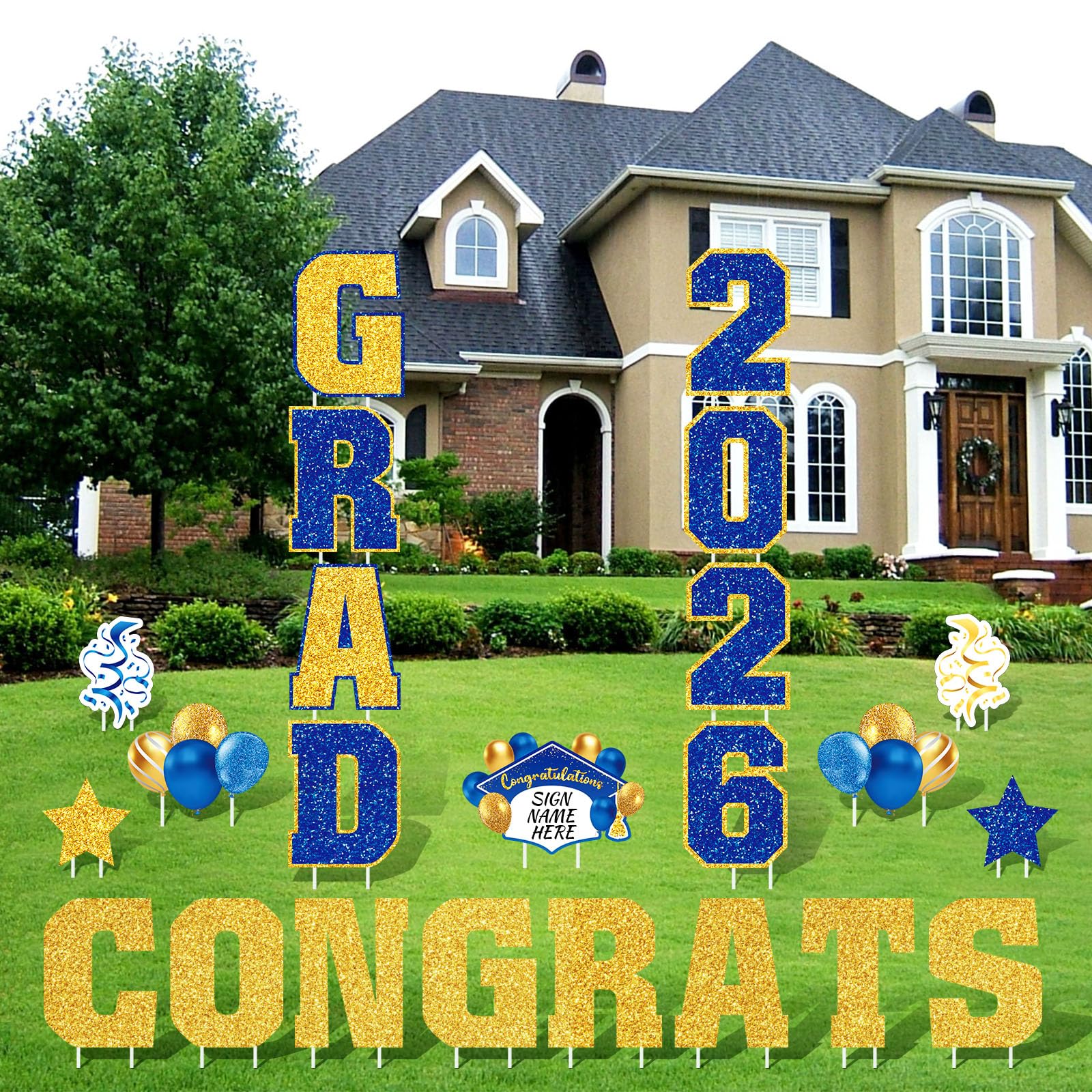 Chunful balloon and CONGRATS sign detail highlighting vibrant blue and gold colors for photos