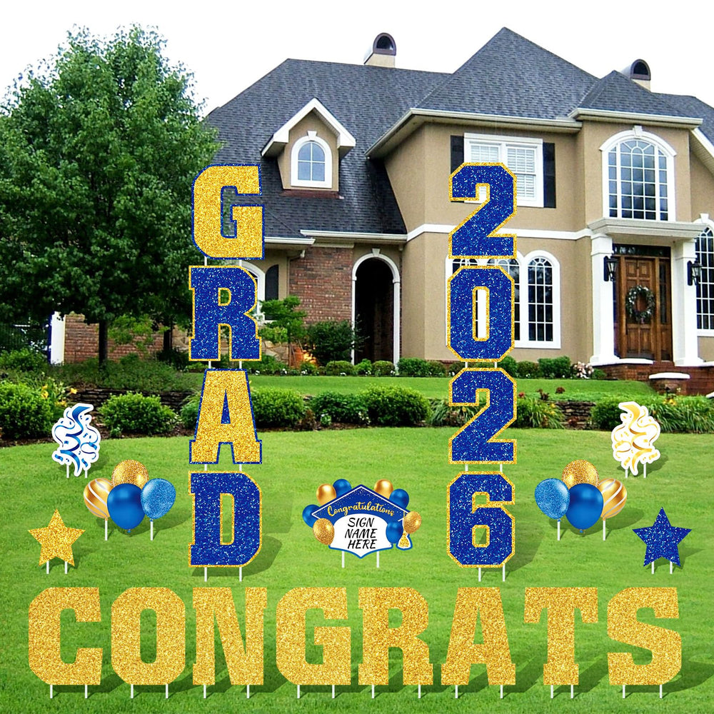 Chunful balloon and CONGRATS sign detail highlighting vibrant blue and gold colors for photos
