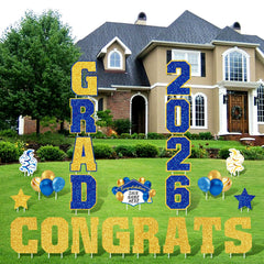Chunful balloon and CONGRATS sign detail highlighting vibrant blue and gold colors for photos