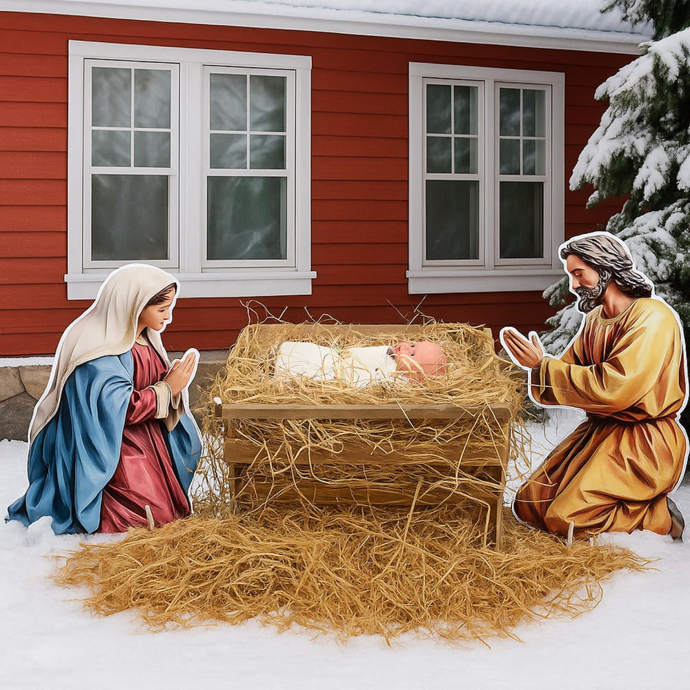 Chunful front view of full nativity set showing manger and figures for striking décor