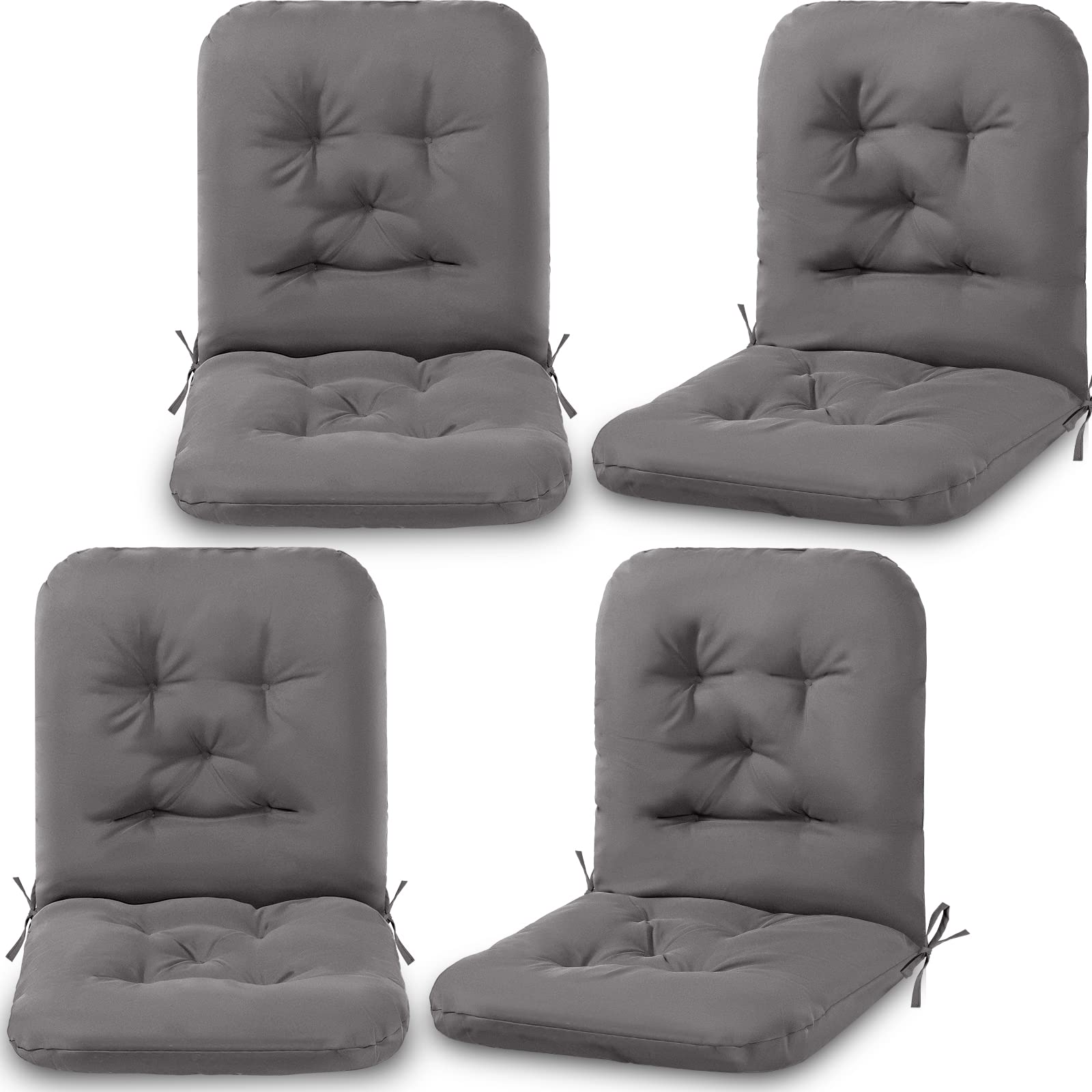 Chunful front view of four dark gray tufted cushions showing neat stacked packaging and durable fabric benefits