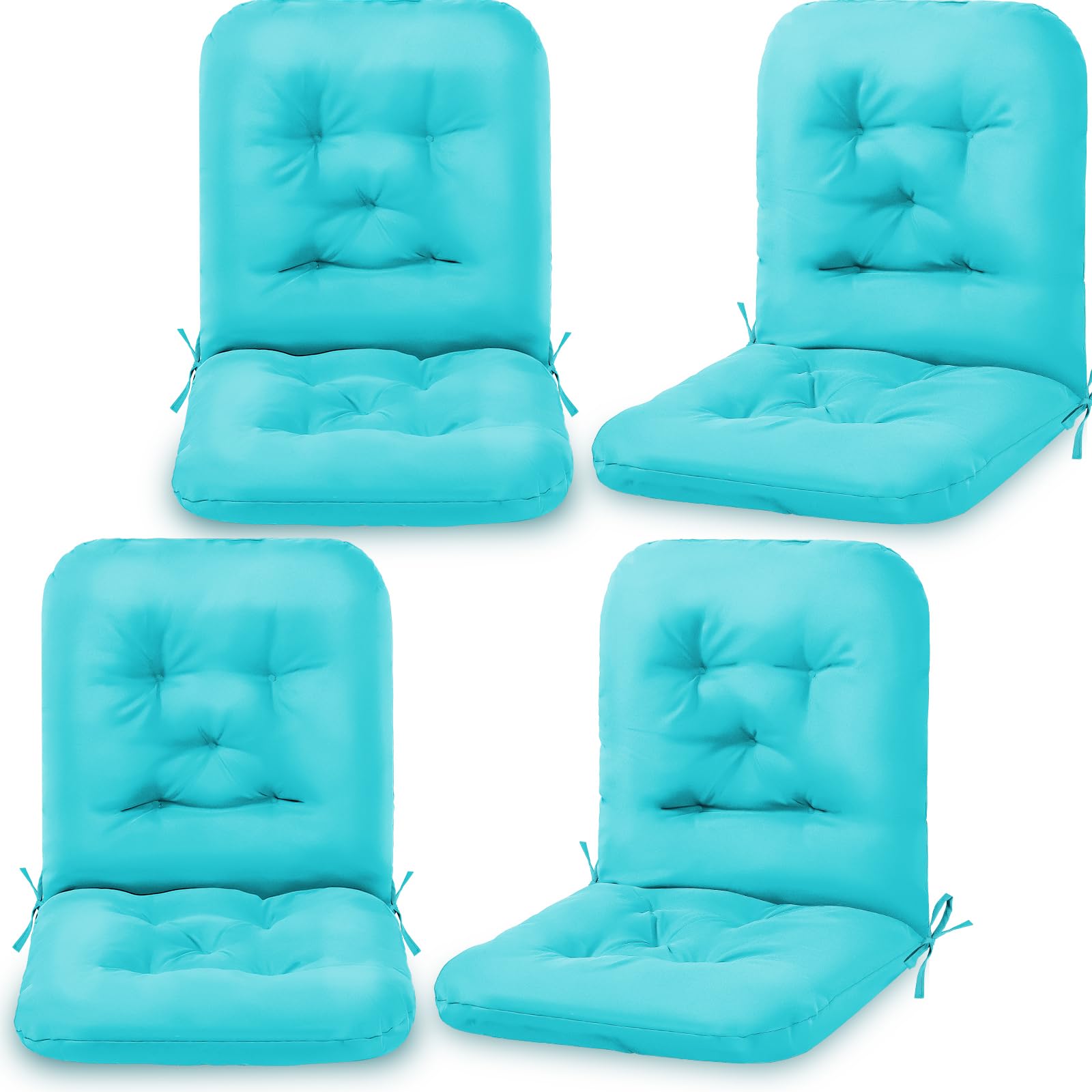 Chunful front view of lake blue cushions shows neat tufting and inviting seat comfort