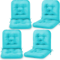 Chunful front view of lake blue cushions shows neat tufting and inviting seat comfort
