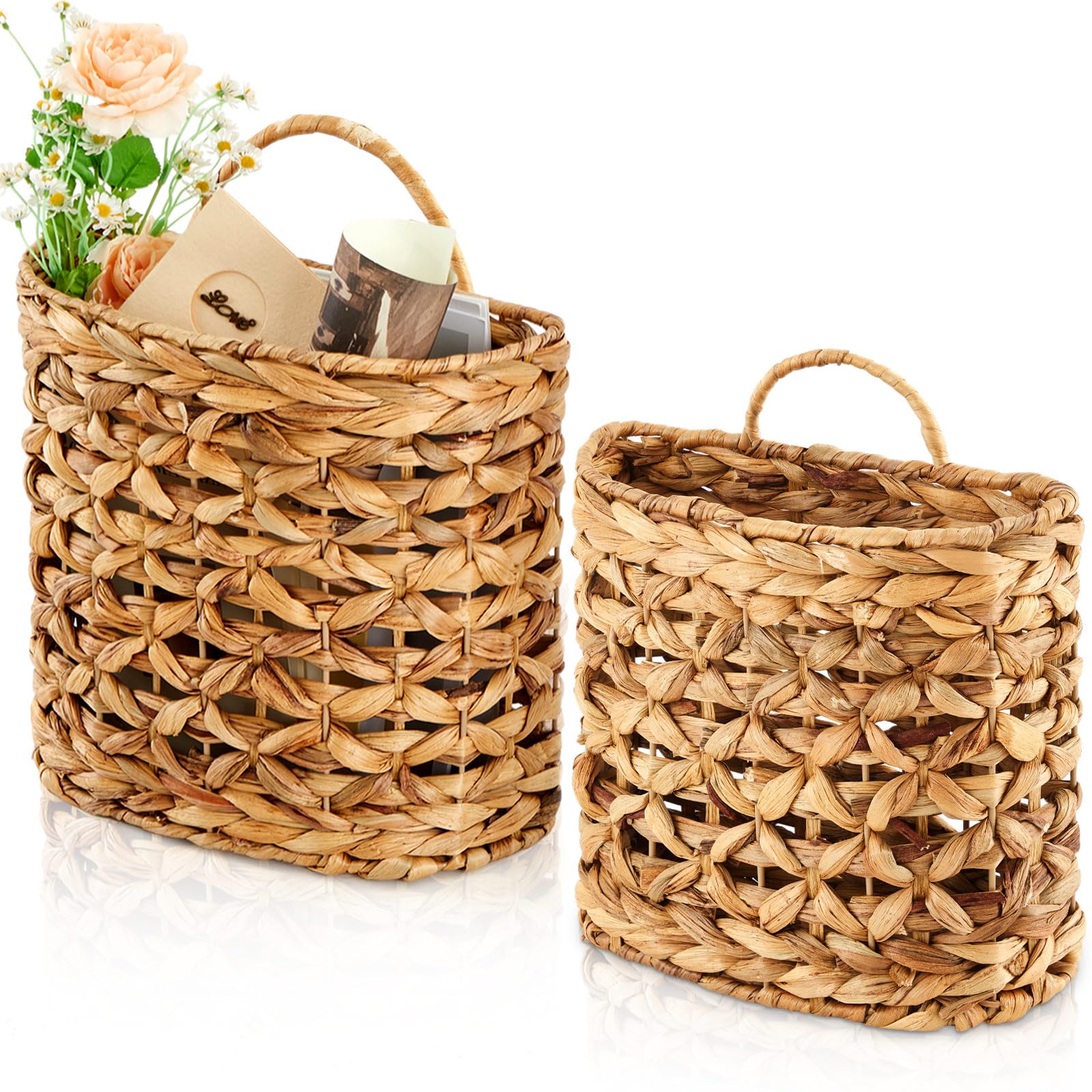 Chunful front view of both hanging wicker baskets showing natural decor and storage benefit