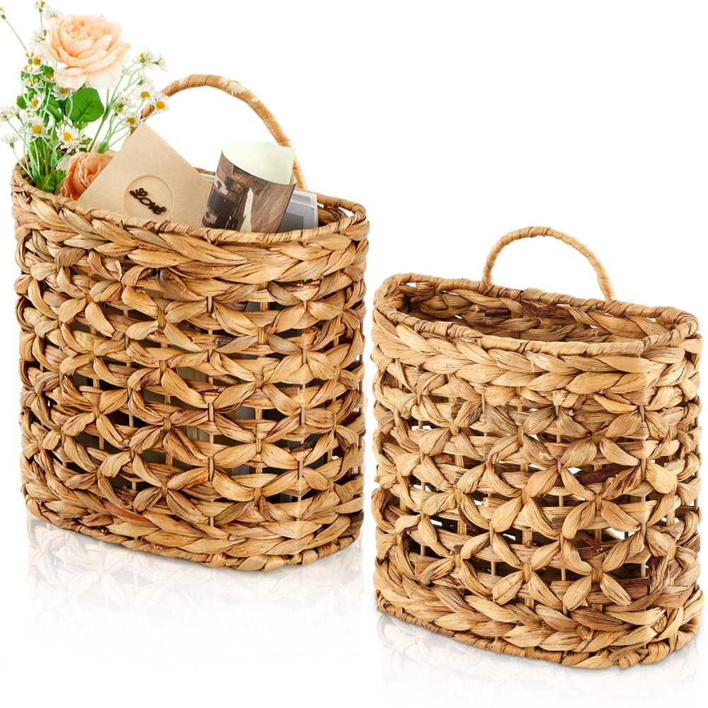 Chunful front view of both hanging wicker baskets showing natural decor and storage benefit