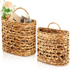 Chunful front view of both hanging wicker baskets showing natural decor and storage benefit