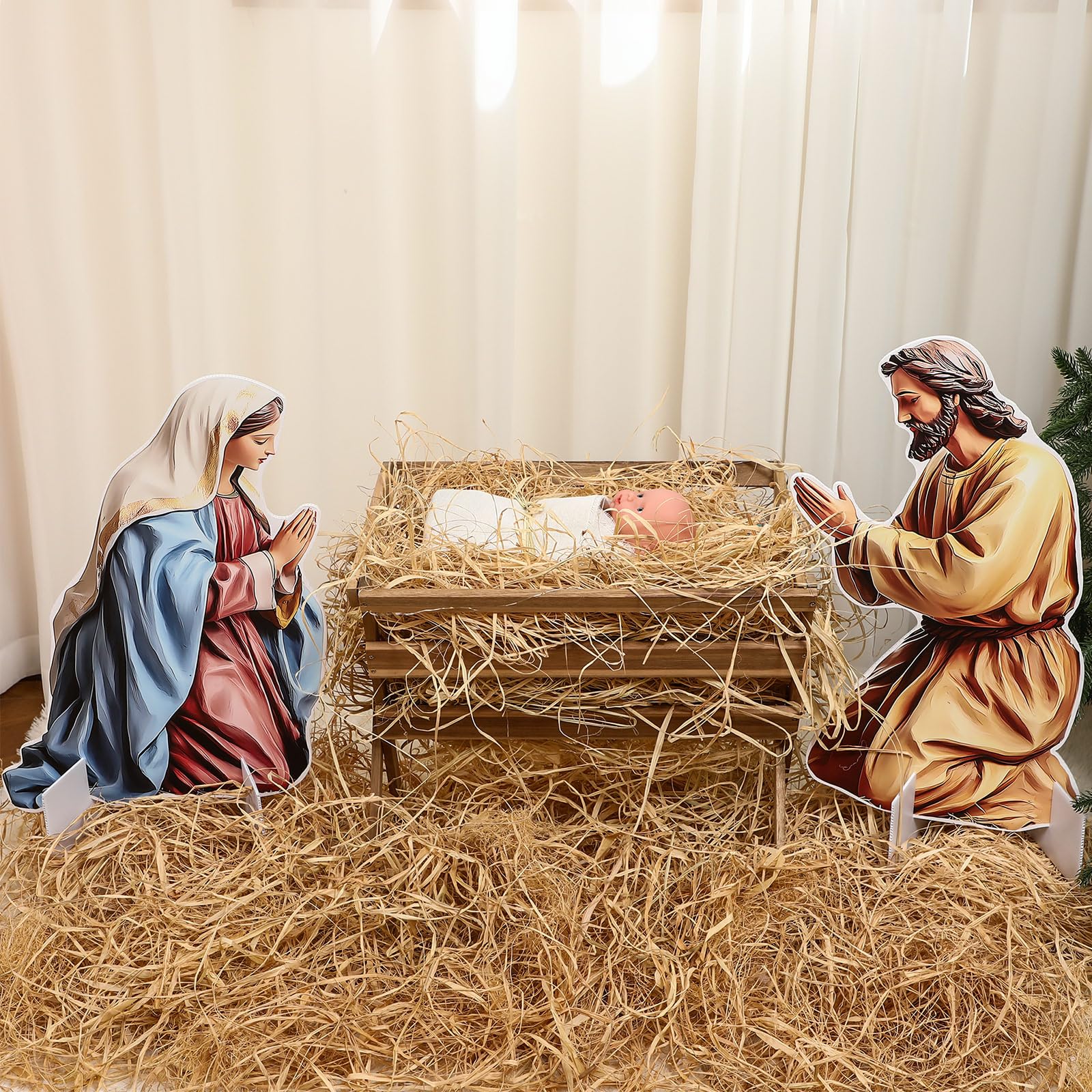 Chunful nativity set in entryway lifestyle scene creating welcoming holiday atmosphere