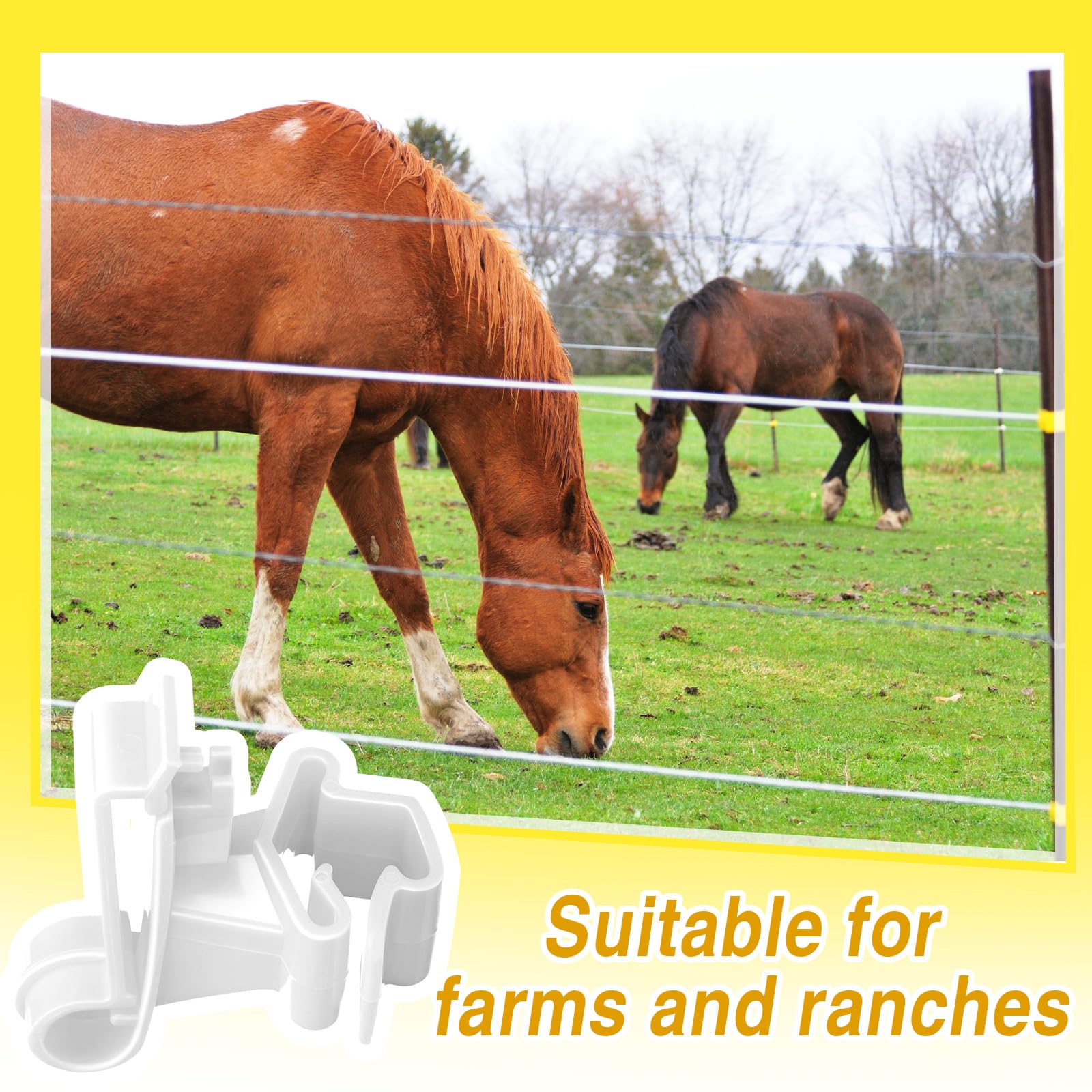 Chunful insulators used on a farm fence in pasture, enhancing visibility and reducing maintenance