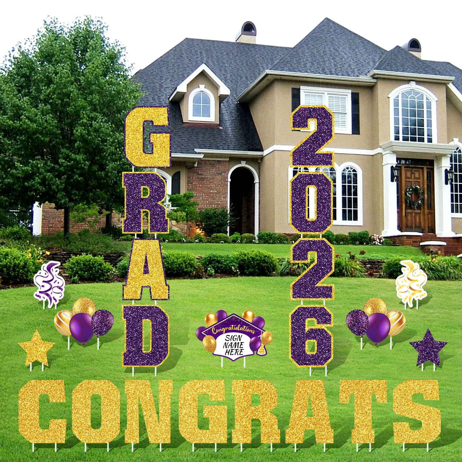 Chunful lawn display along driveway creating festive graduation curb appeal
