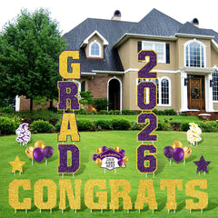 Chunful lawn display along driveway creating festive graduation curb appeal