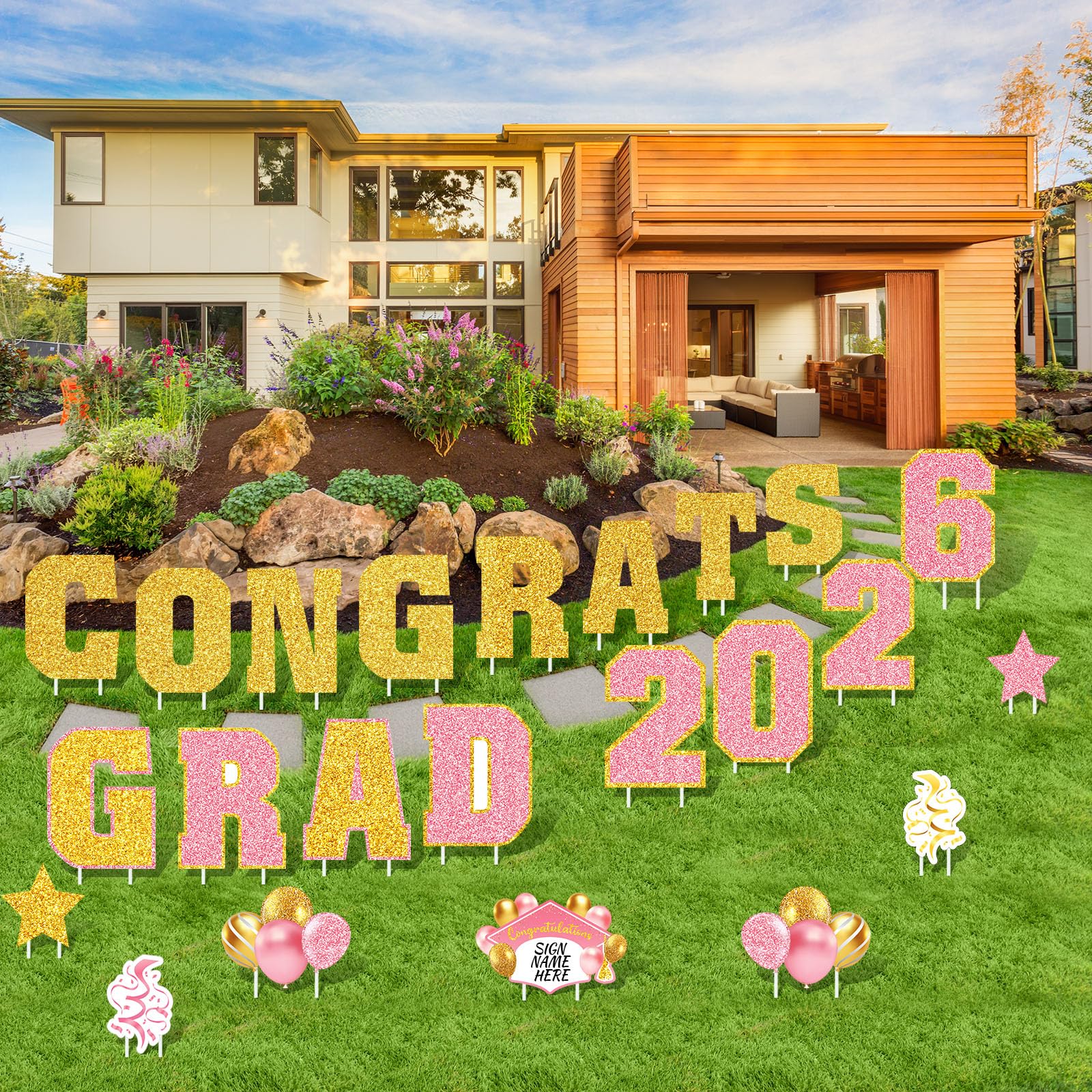 Chunful yard display in driveway creating a bold, photo-ready graduation backdrop