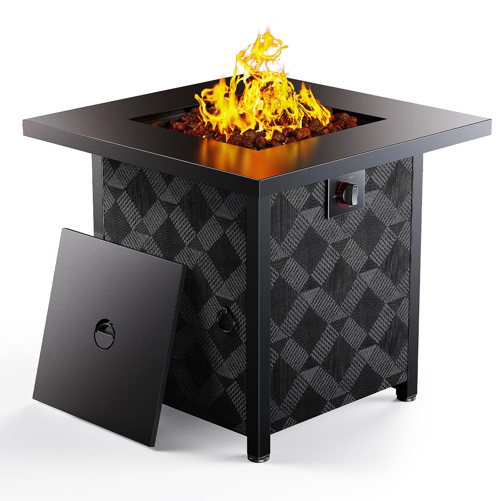 Ciays front view of fire table showing square design and warmth