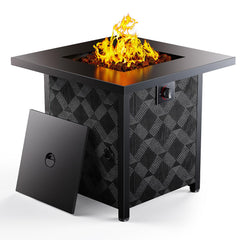 Ciays front view of fire table showing square design and warmth