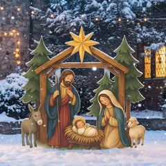 Cinnvoice front display of colorful metal nativity set for eye-catching curb appeal