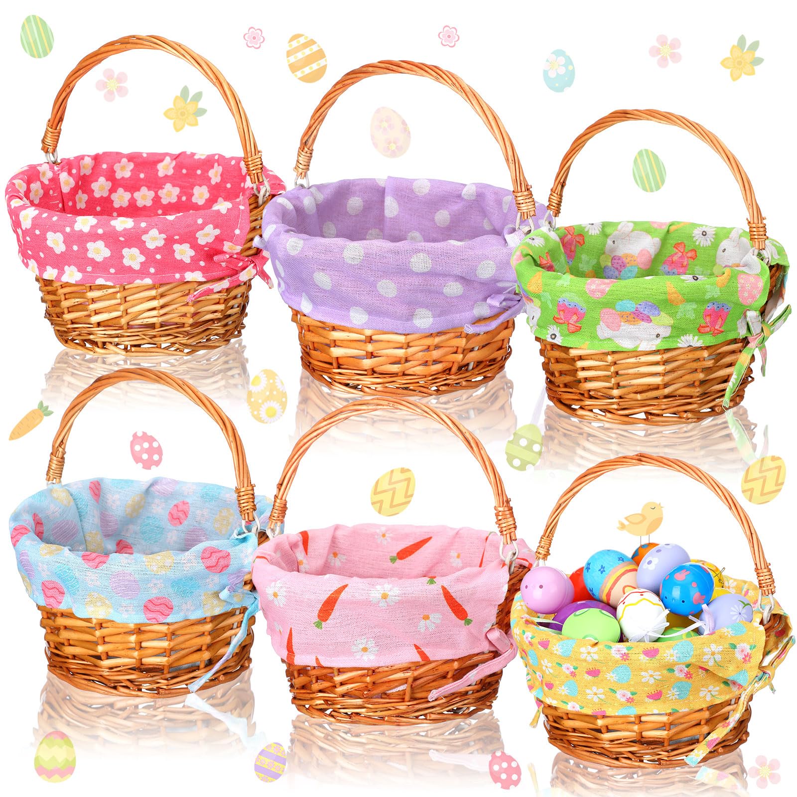 Cinnvoice front view of six wicker baskets showing handles and liners for easy gifting