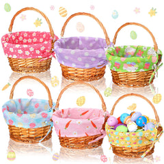 Cinnvoice front view of six wicker baskets showing handles and liners for easy gifting