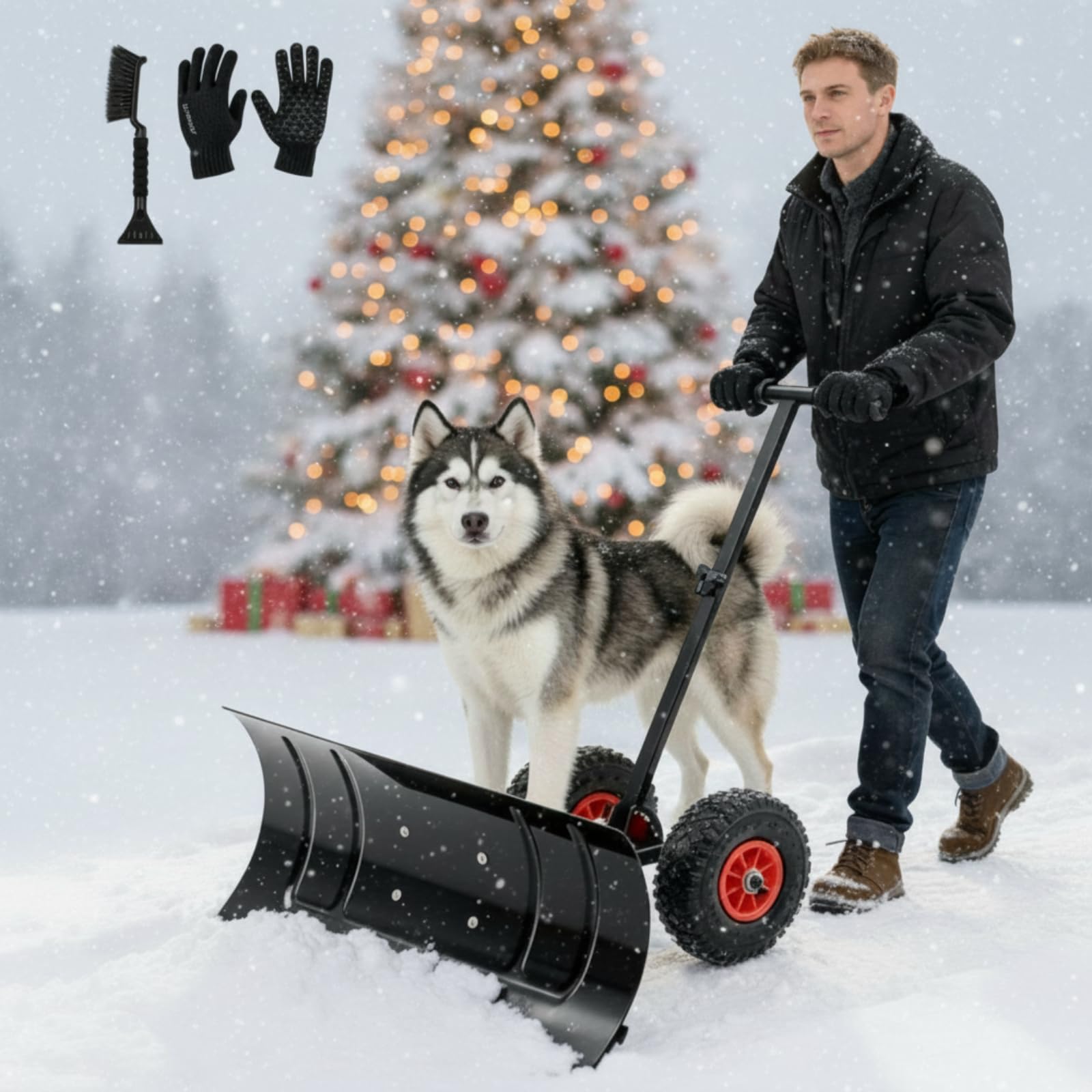 Cinnvoice front packaging showing full wheeled snow pusher and kit benefits