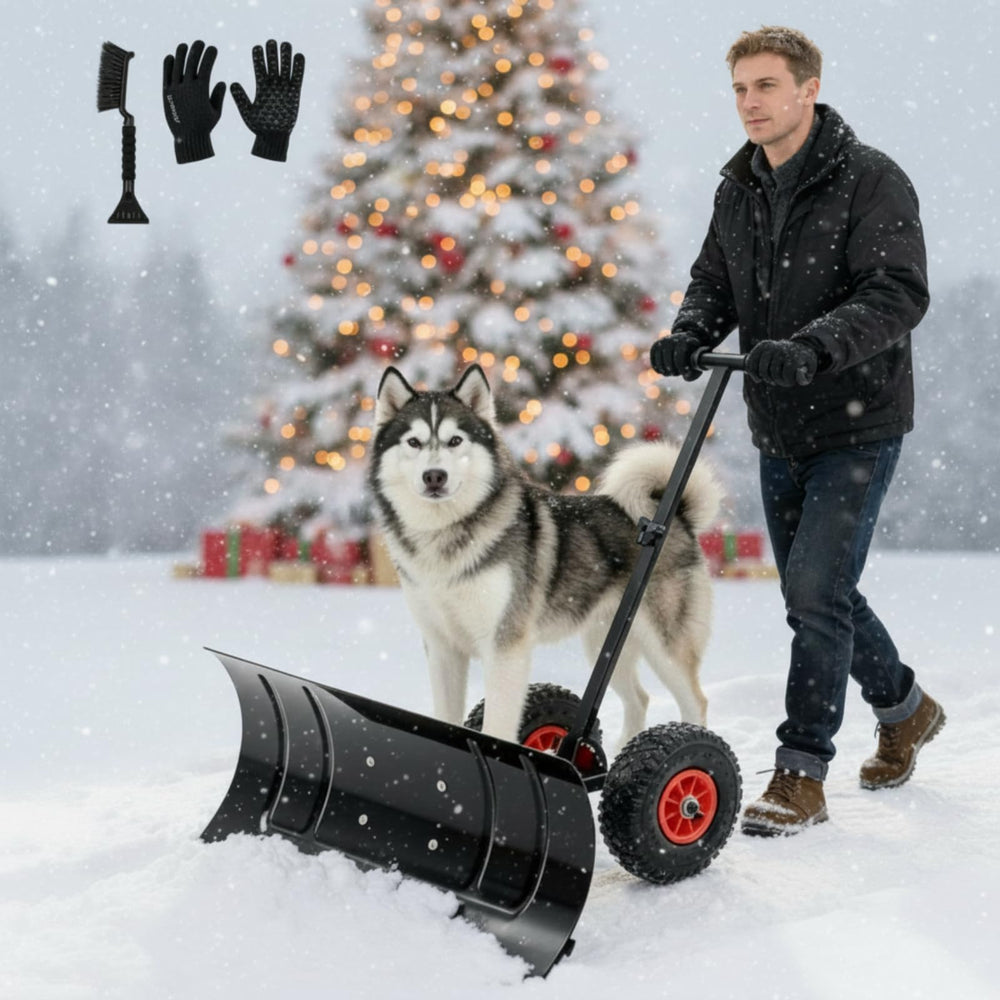 Cinnvoice front packaging showing full wheeled snow pusher and kit benefits