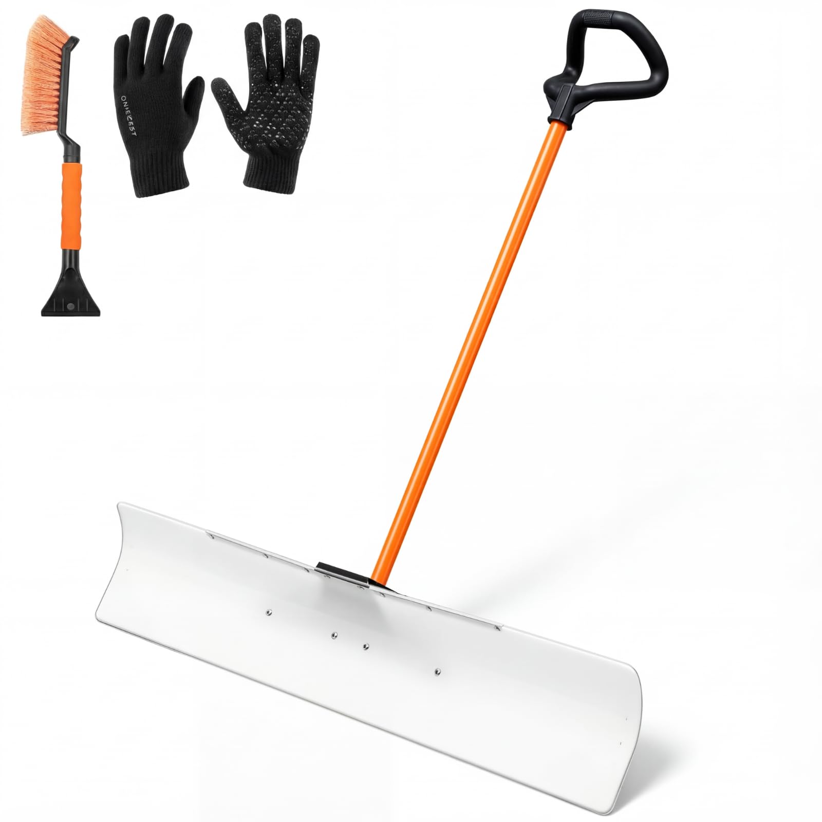 Cinnvoice front view of 48-inch snow pusher showing wide blade and pole, speeds clearing