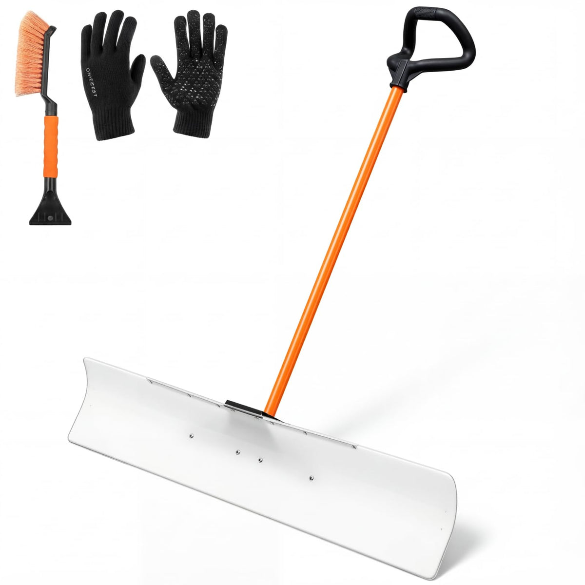 Cinnvoice front view of 48-inch snow pusher showing wide blade and pole, speeds clearing
