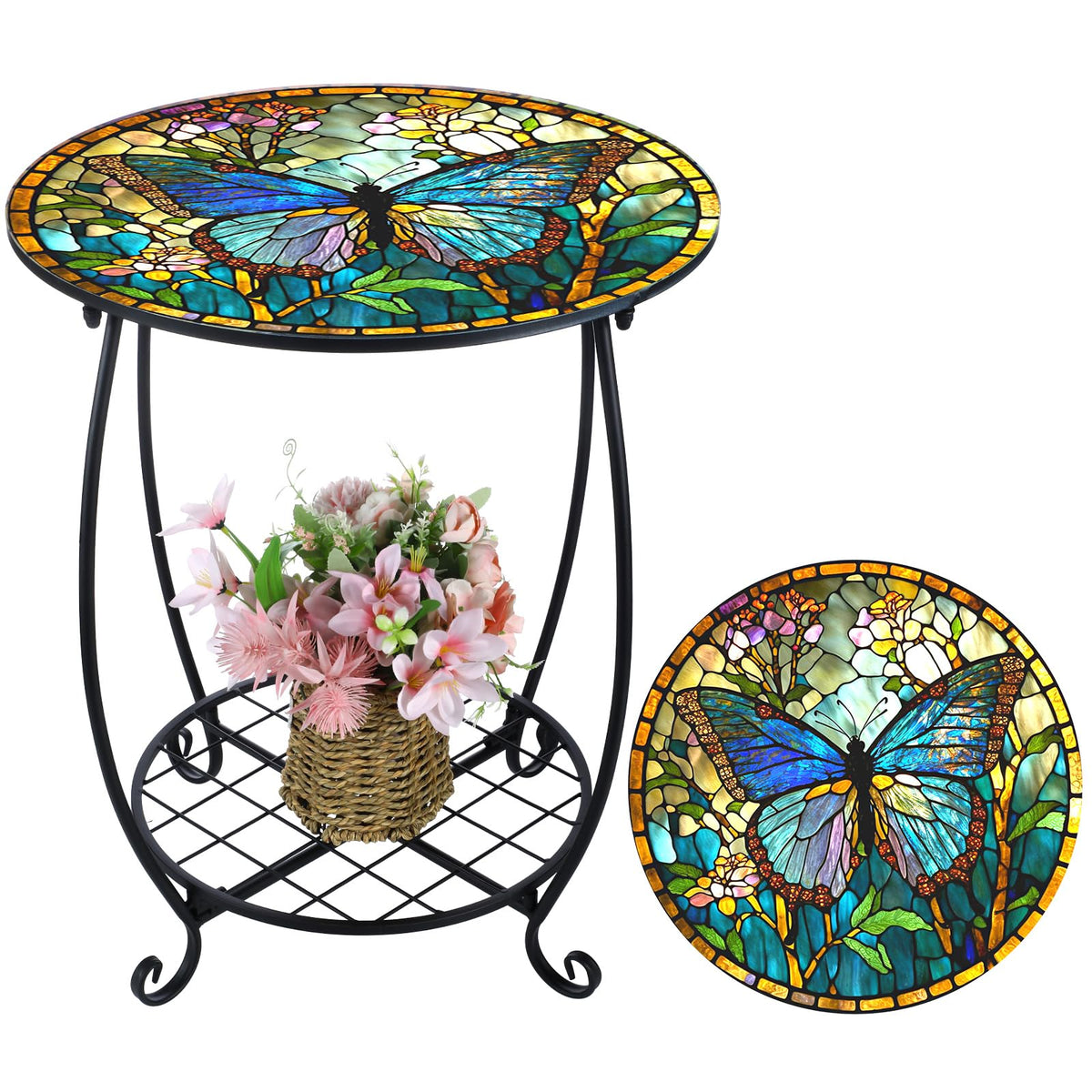 Cinnvoice front view of butterfly side table showing decorative ironwork and compact design