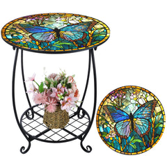 Cinnvoice front view of butterfly side table showing decorative ironwork and compact design
