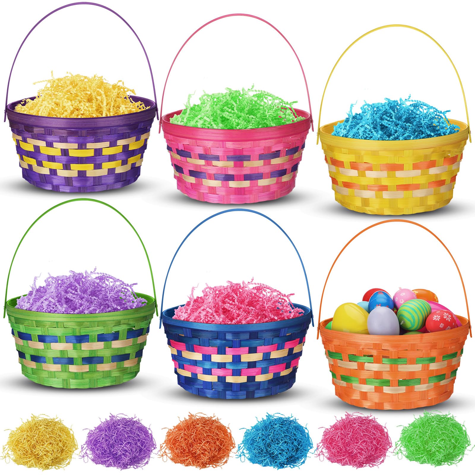 Cinnvoice front view of six mixed-color bamboo baskets showing vibrant handles and liners for easy gifting