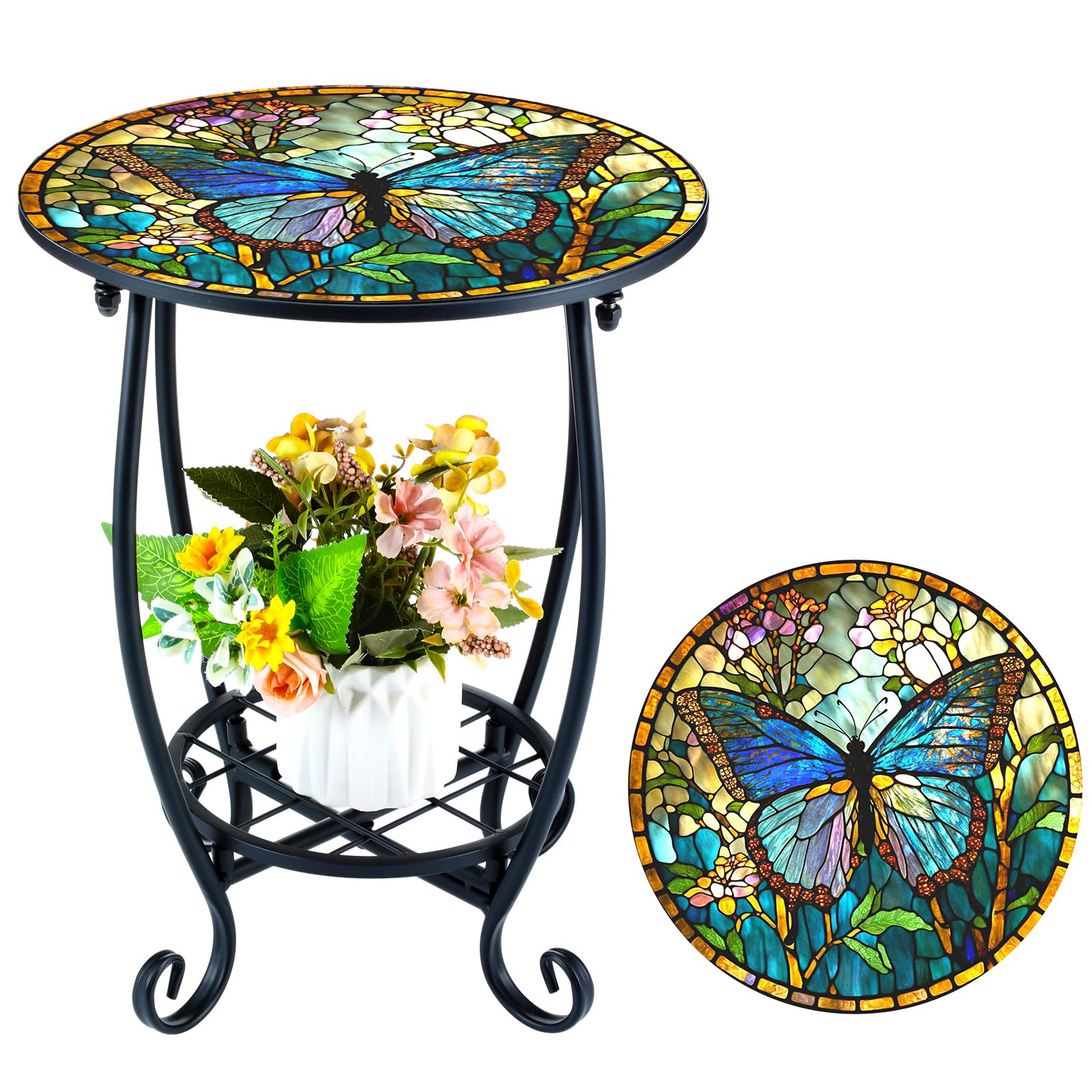 Cinnvoice front view patio side table shows durable iron build and compact design