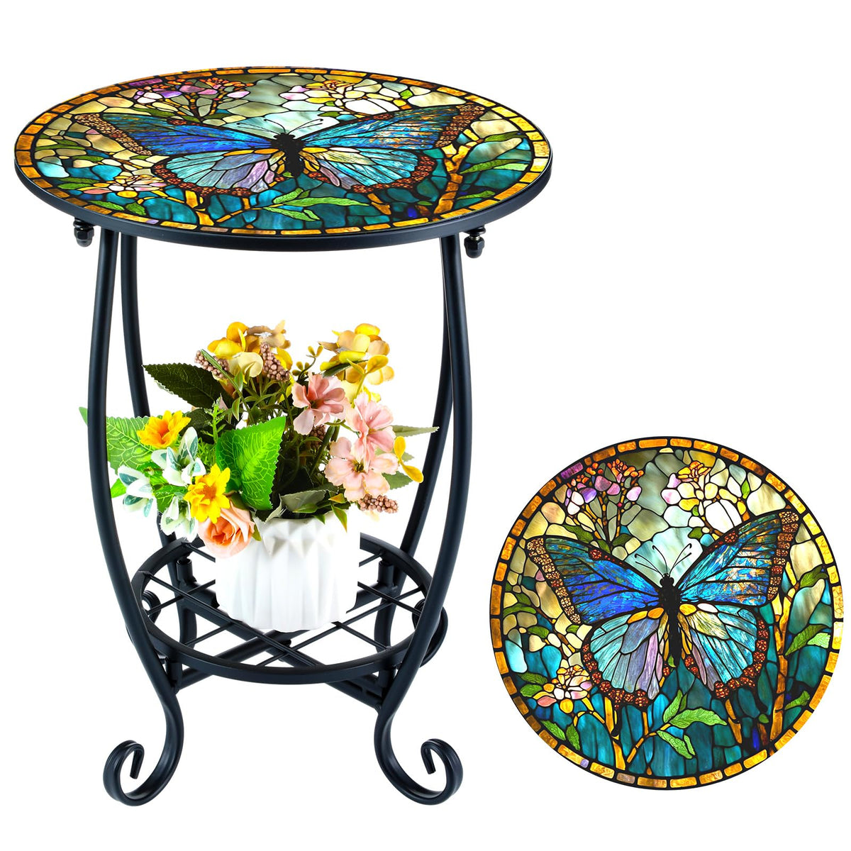 Cinnvoice front view patio side table shows durable iron build and compact design