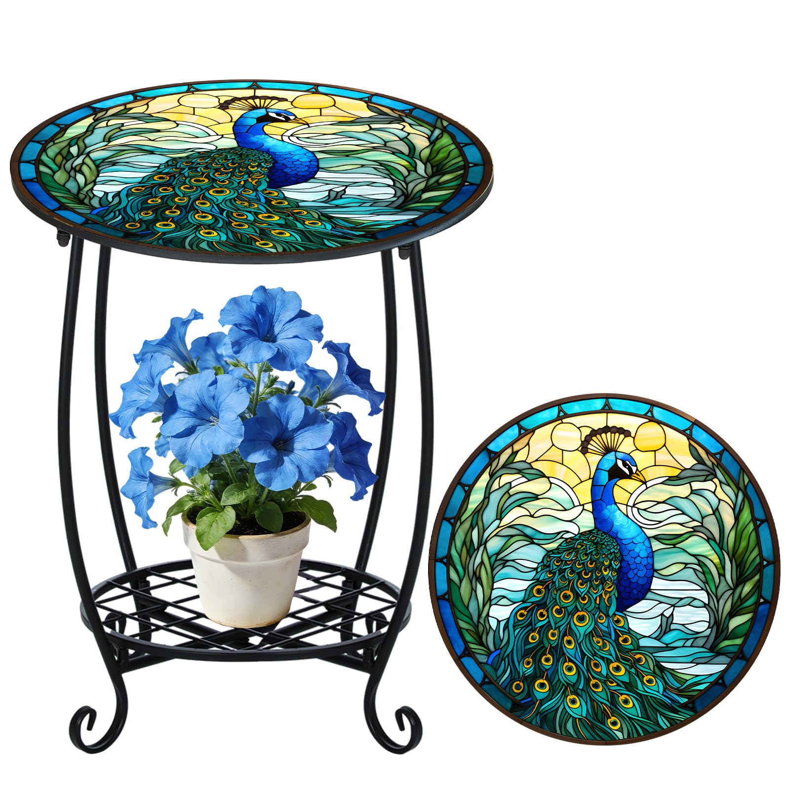Cinnvoice front view peacock table showing decorative charm and compact size