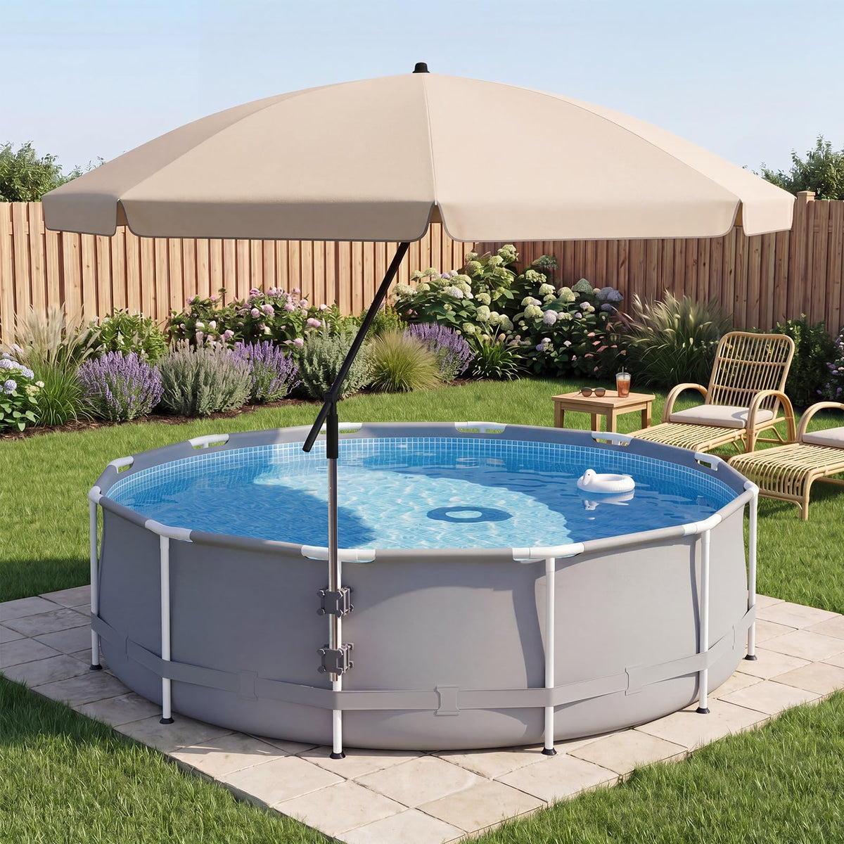 Cinnvoice umbrella clamped on pool rail providing stable shade
