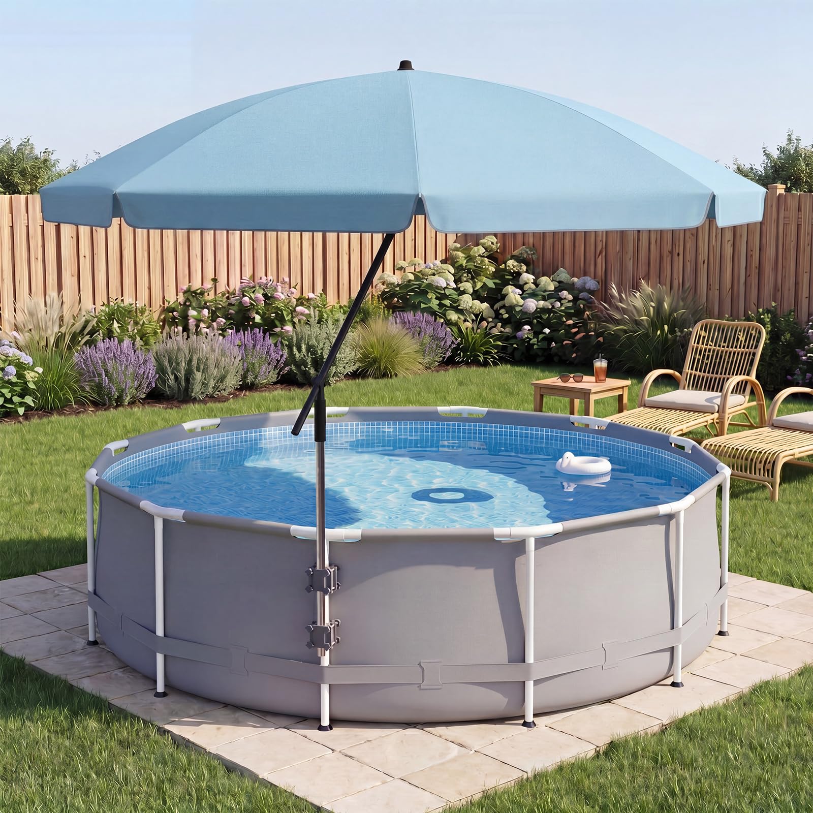 Cinnvoice front view umbrella poolside showing shade and UV protection
