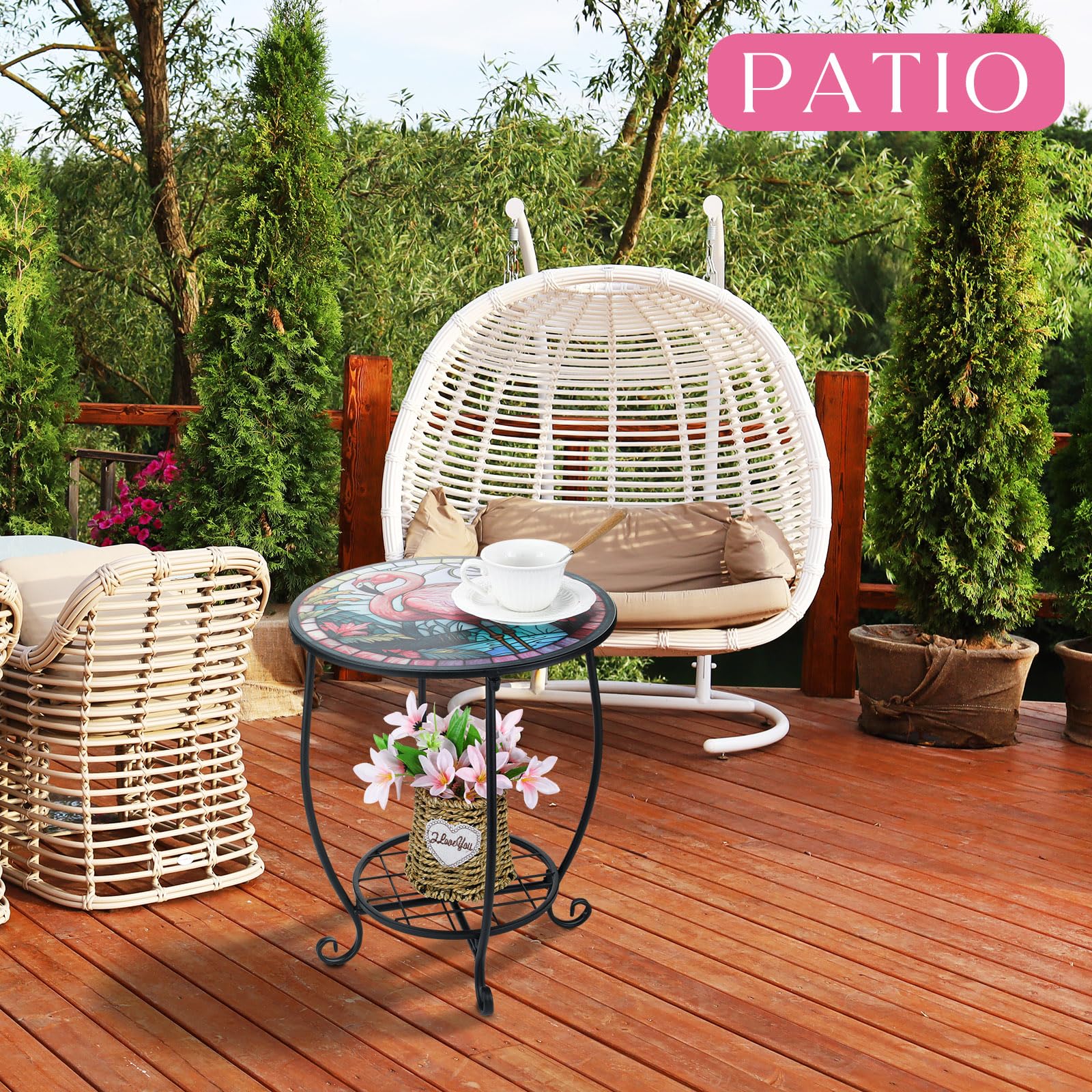 Cinnvoice in garden lifestyle setting adding charm to outdoor seating