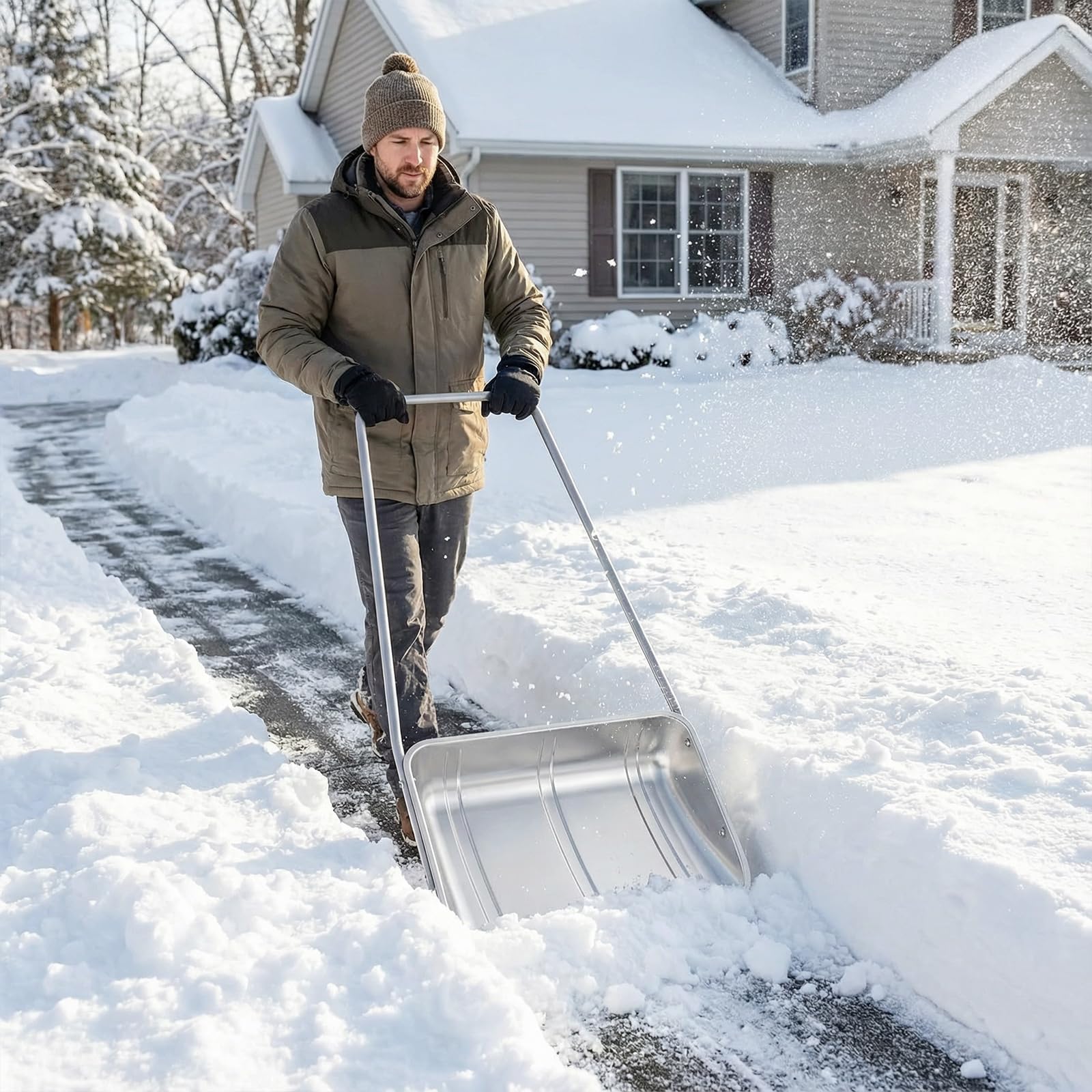Cinnvoice shovel in use pushing snow on a driveway for faster cleanup