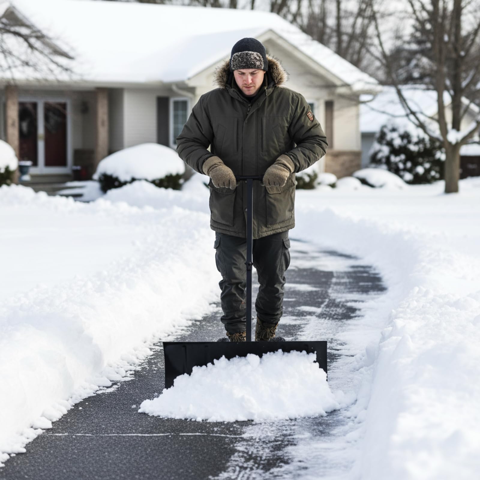 Cinnvoice in use on a driveway showing faster snow removal with less effort