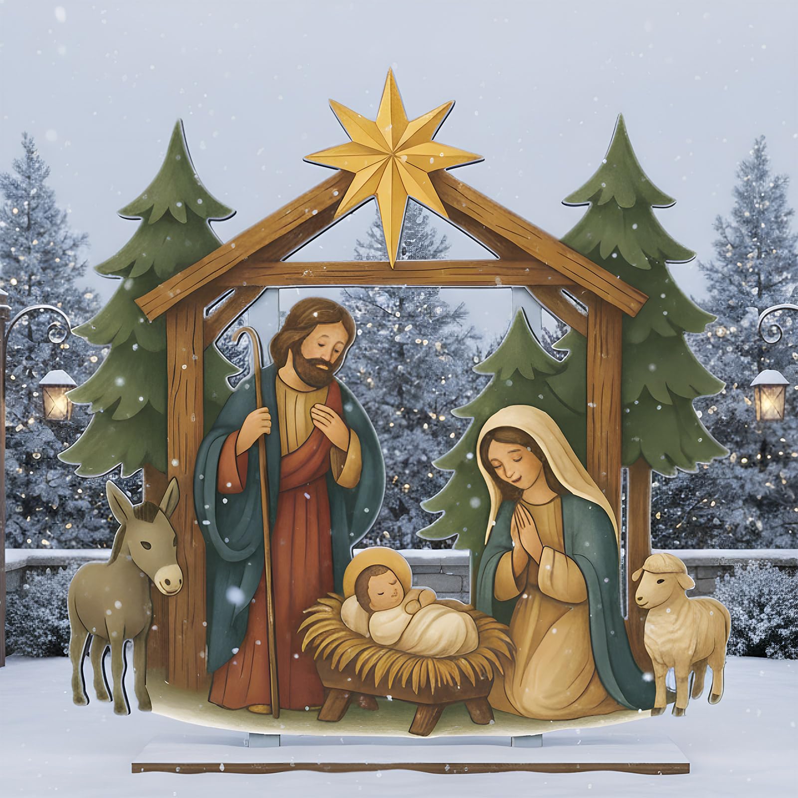 Cinnvoice nativity scene staked in a lawn creating festive outdoor ambiance