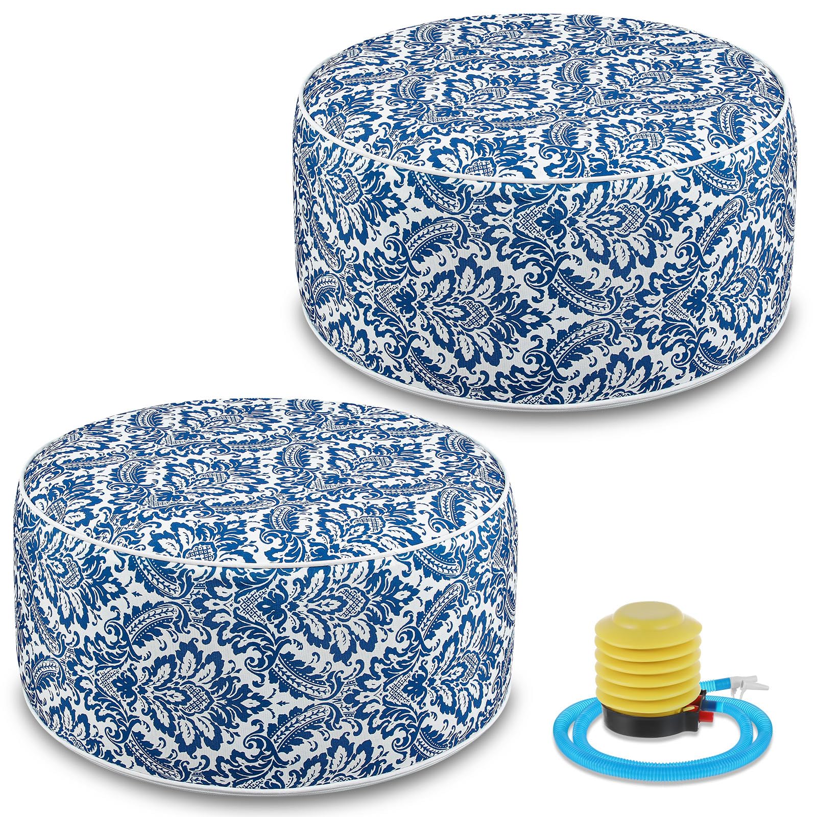 Cinnvoice ottoman front view showing round waterproof cover and tidy shape for comfort