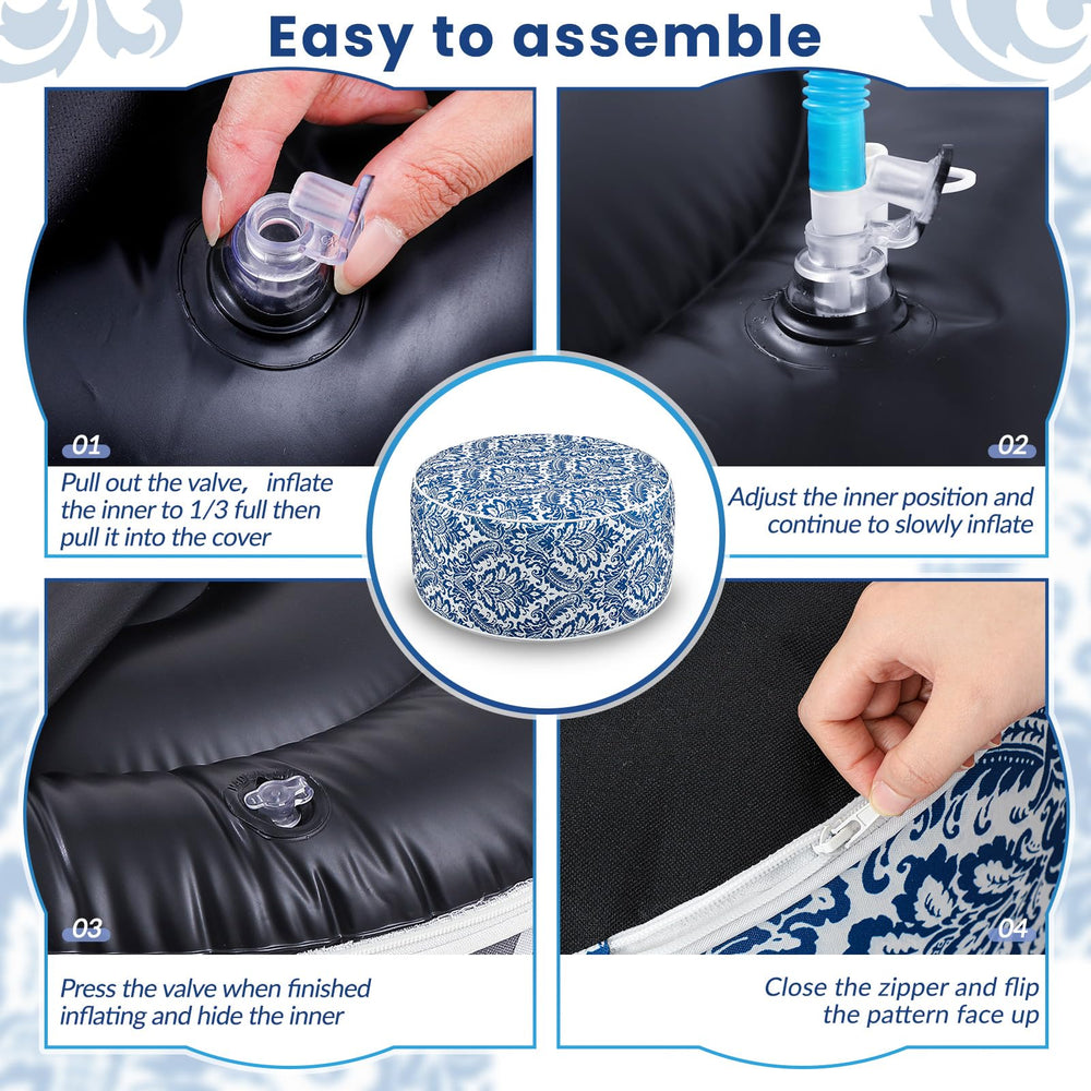 Cinnvoice ottoman handle with included pump illustrating easy carry and quick inflation