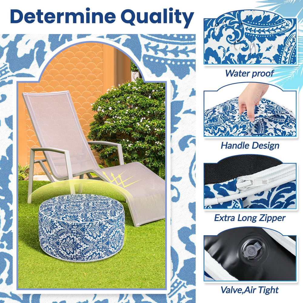 Cinnvoice ottoman side profile inflated demonstrating stable height and support for feet