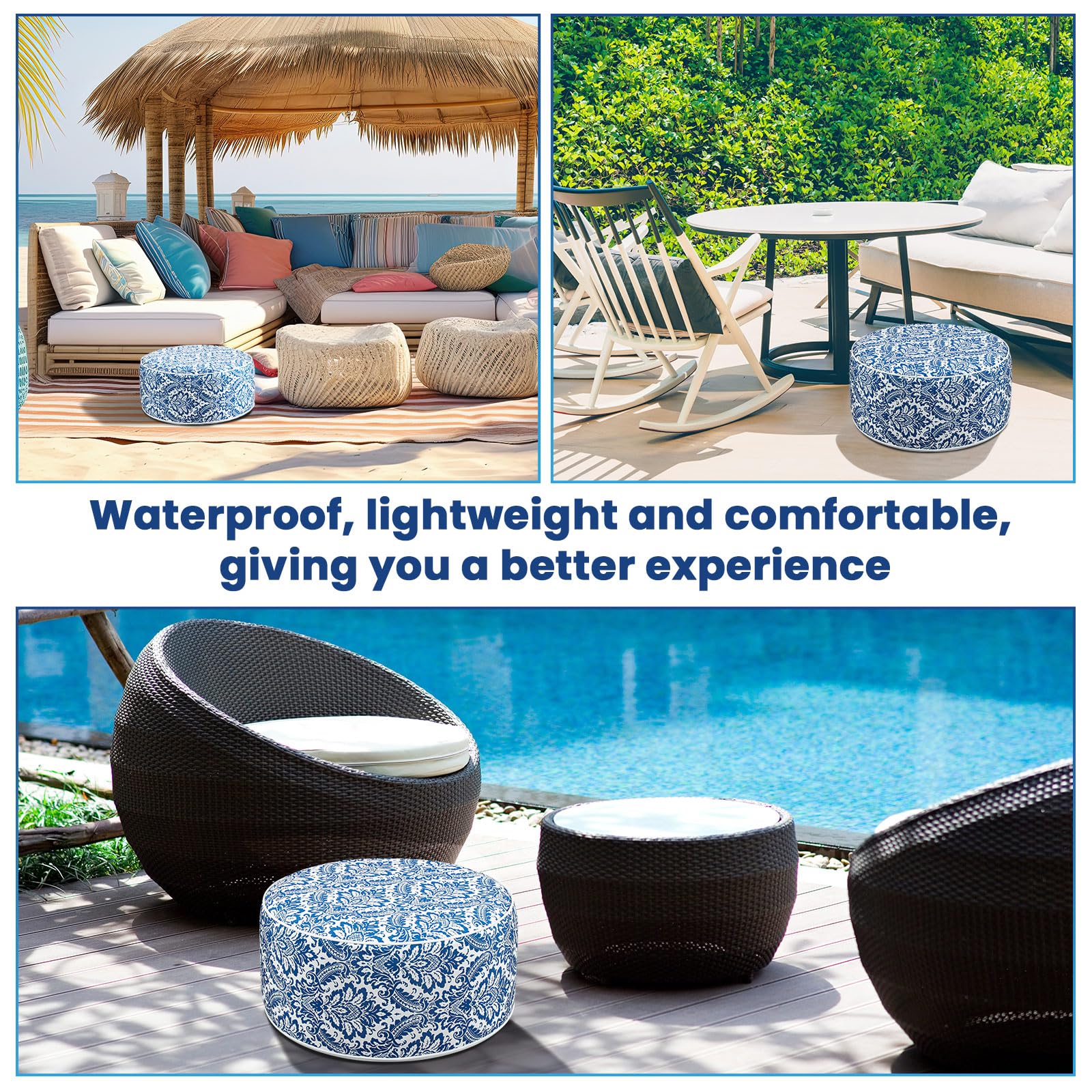 Cinnvoice ottoman on patio showing outdoor use and weather-resistant convenience