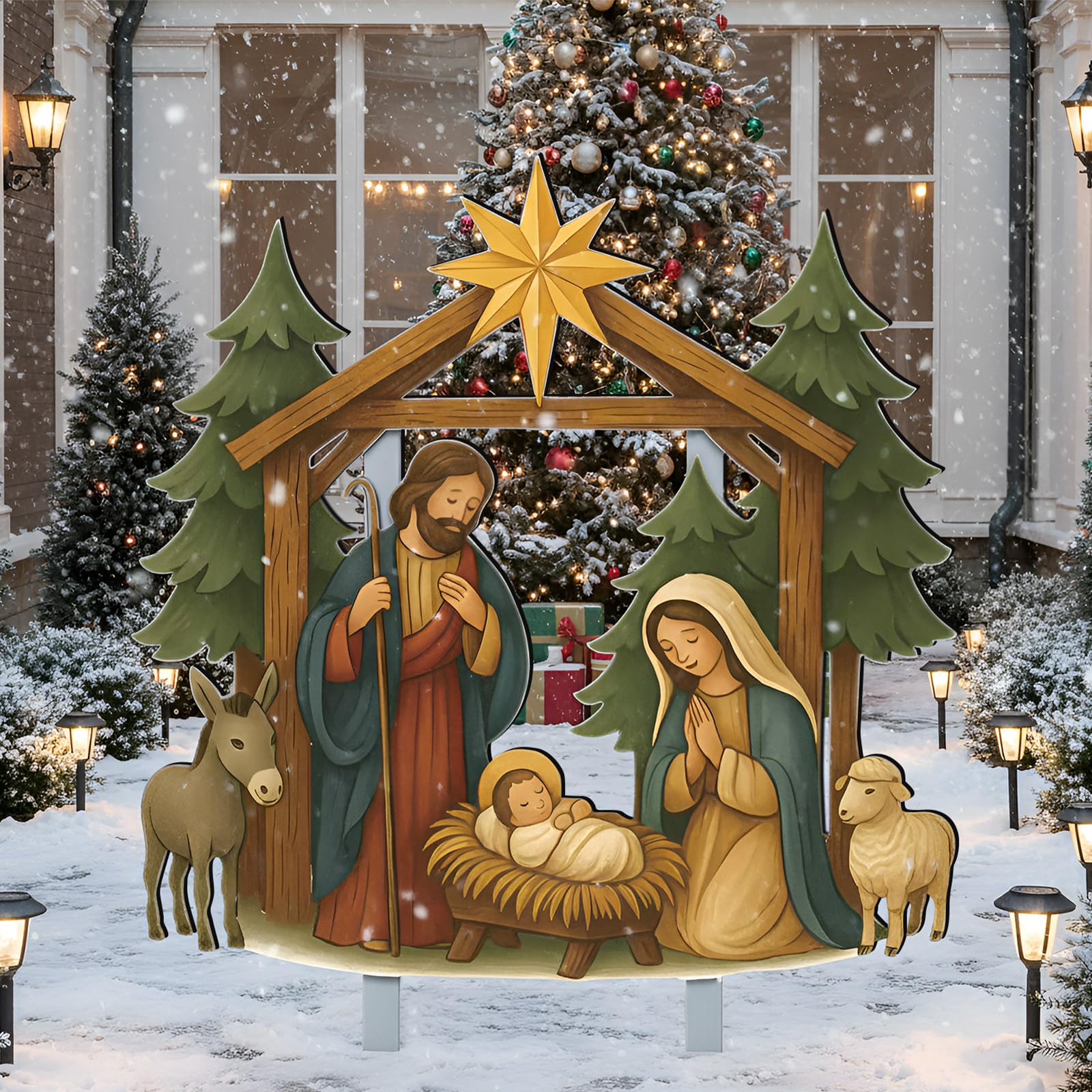 Cinnvoice nativity next to chair to show true 40 by 31 inch size and scale