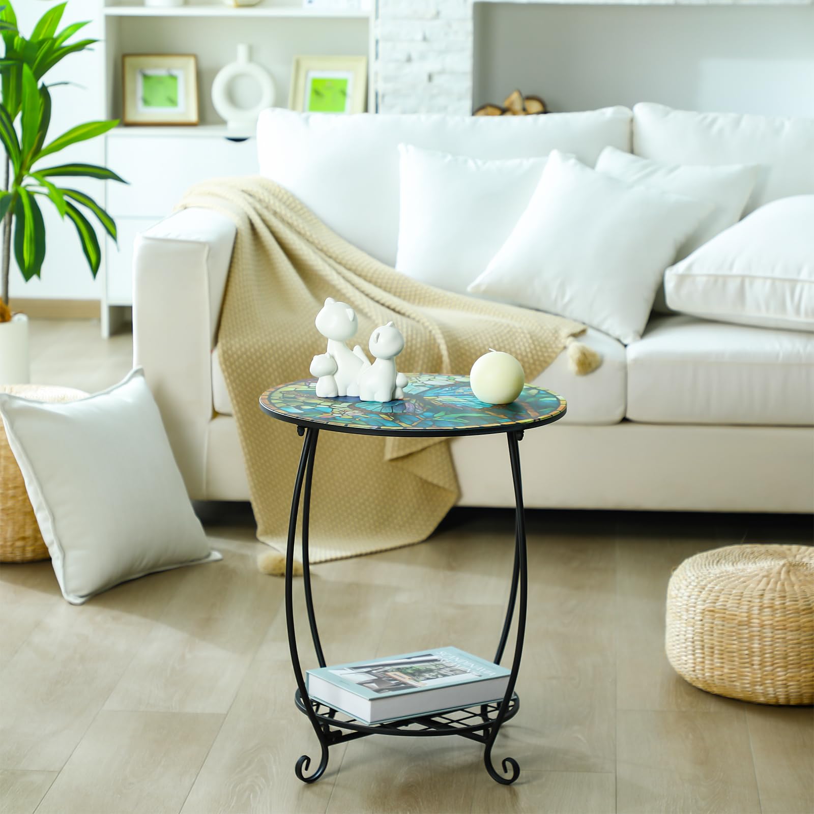 Cinnvoice table next to outdoor chair showing 14x17 inch scale and space-saving benefit