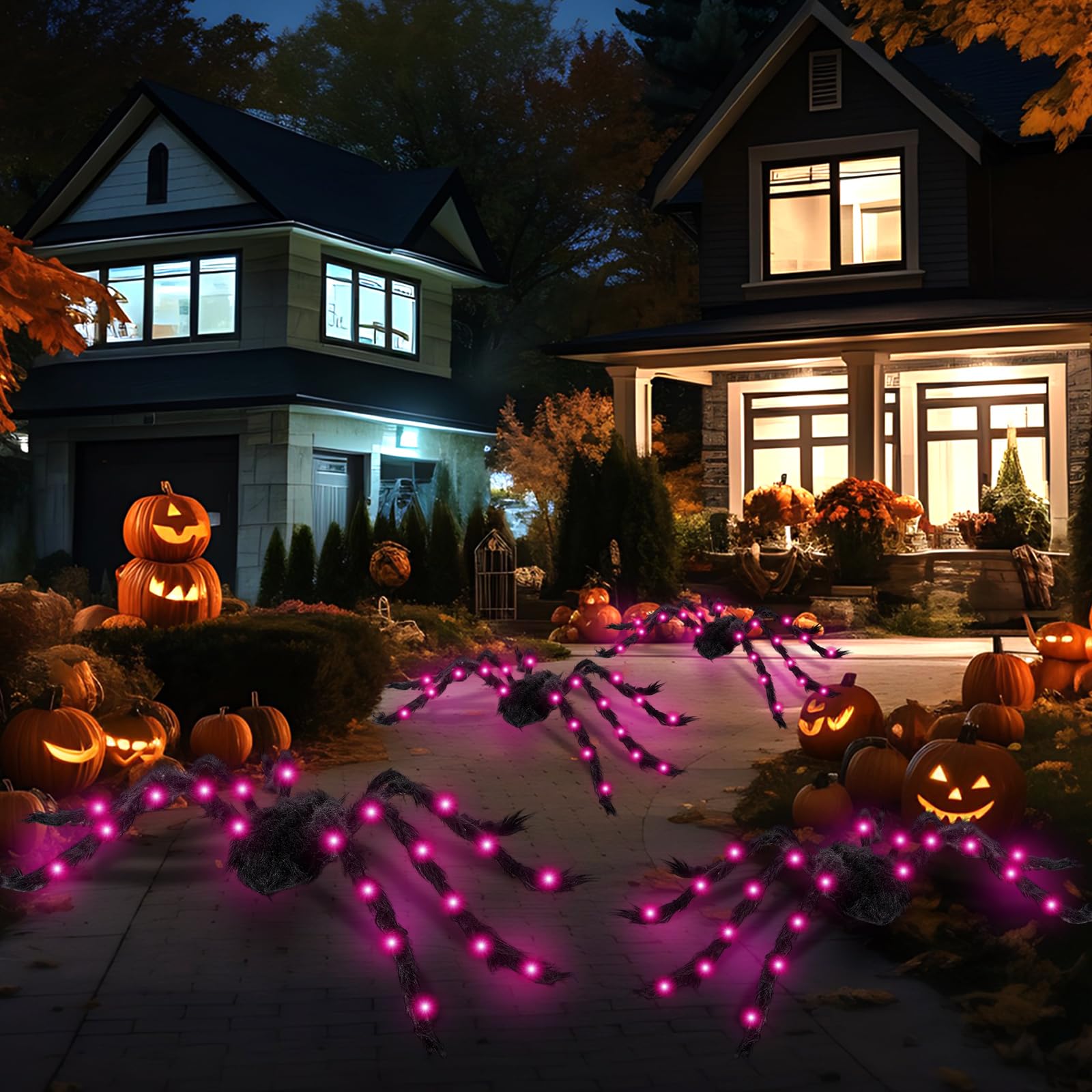 Cinnvoice spiders glowing in yard at night delivering attention-grabbing color