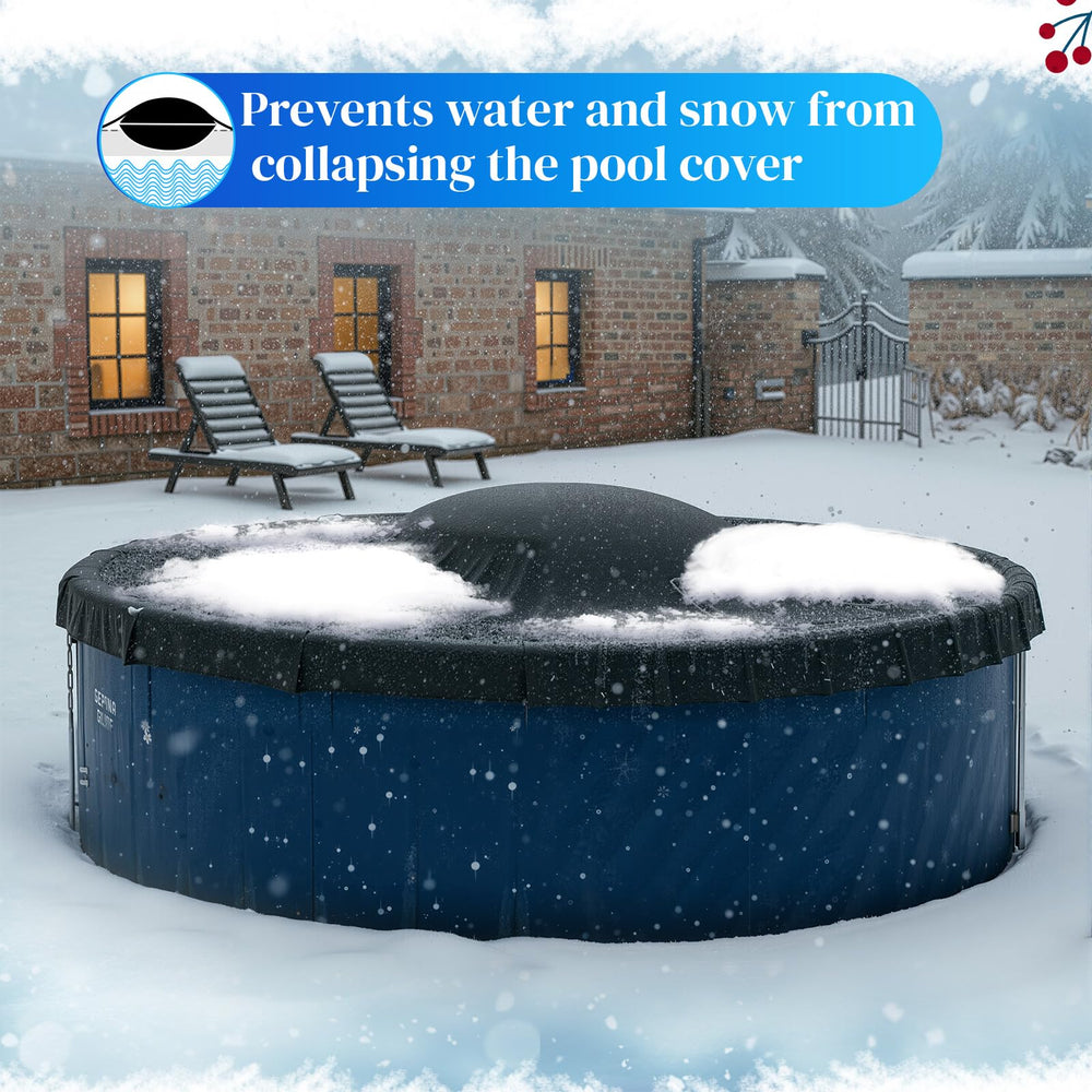 Cinnvoice pool with cover and pillows in winter demonstrating protection