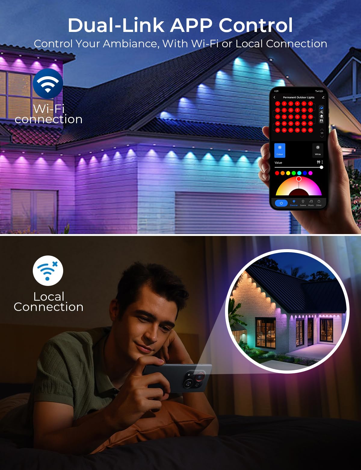 CINOTON nighttime RGBW color scene showing festive multi-color impact