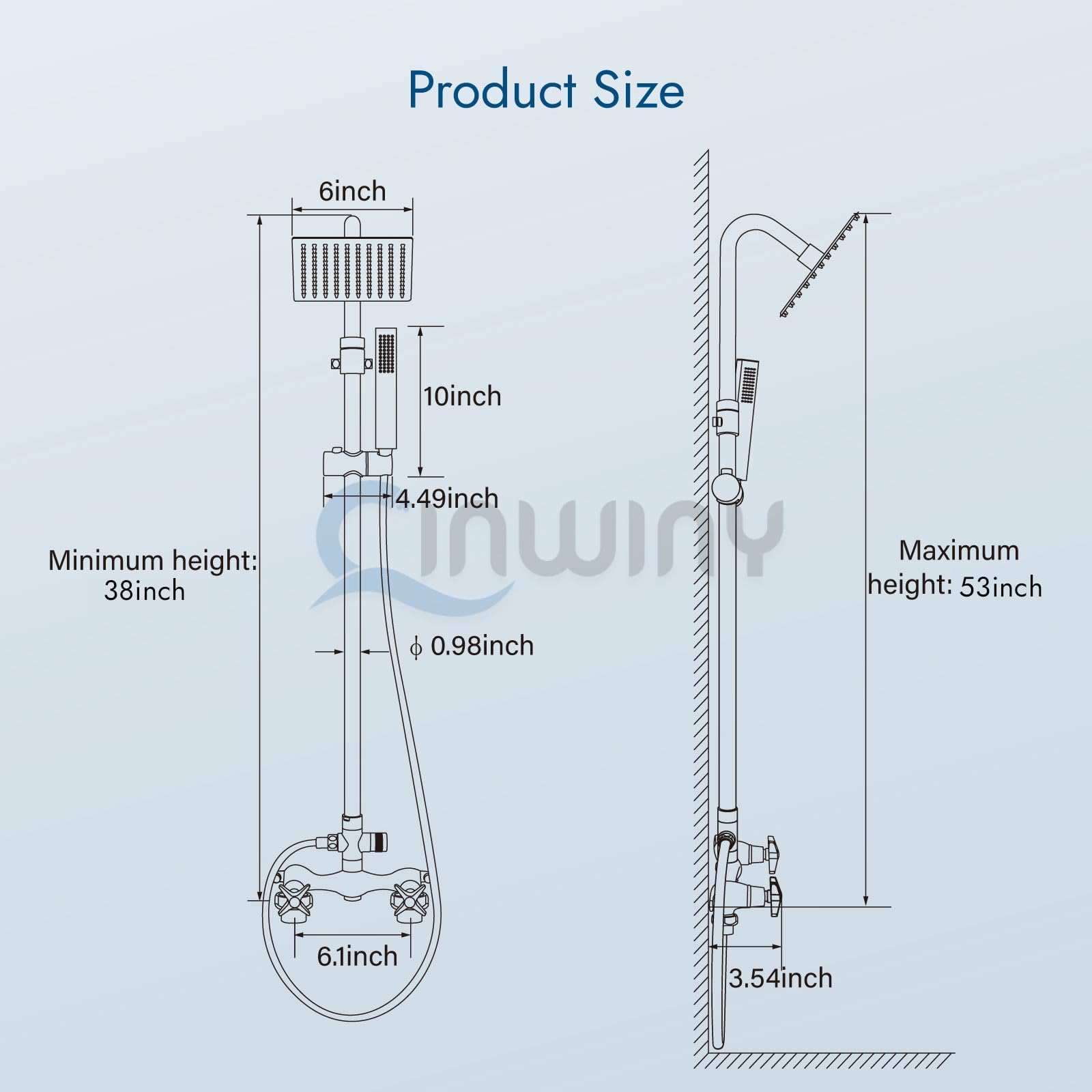 Cinwiny shower next to person for scale showing size and usability benefit