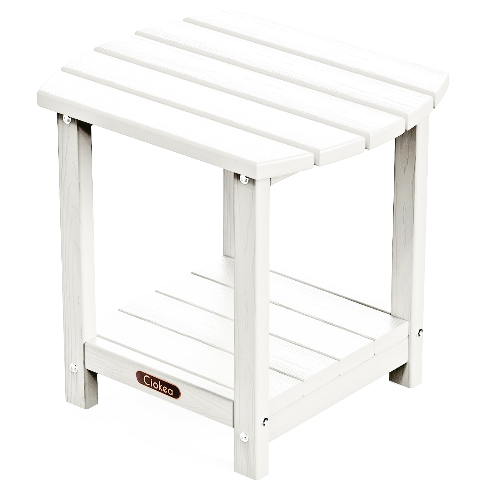Ciokea Adirondack side table front view showing stable double-deck design and easy access
