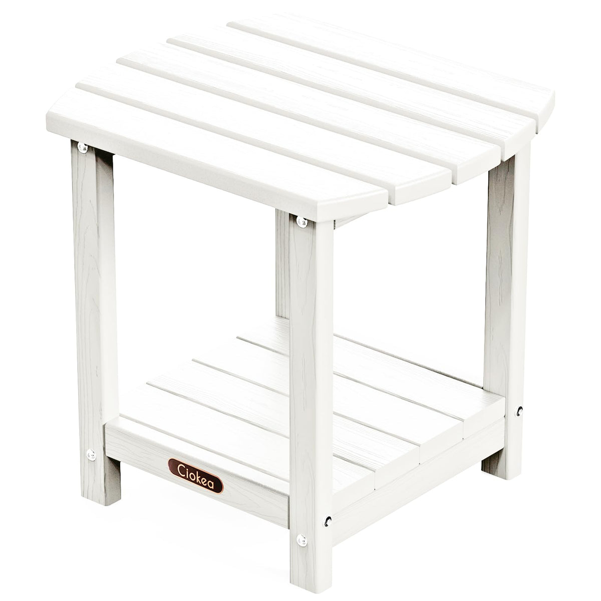 Ciokea Adirondack side table front view showing stable double-deck design and easy access